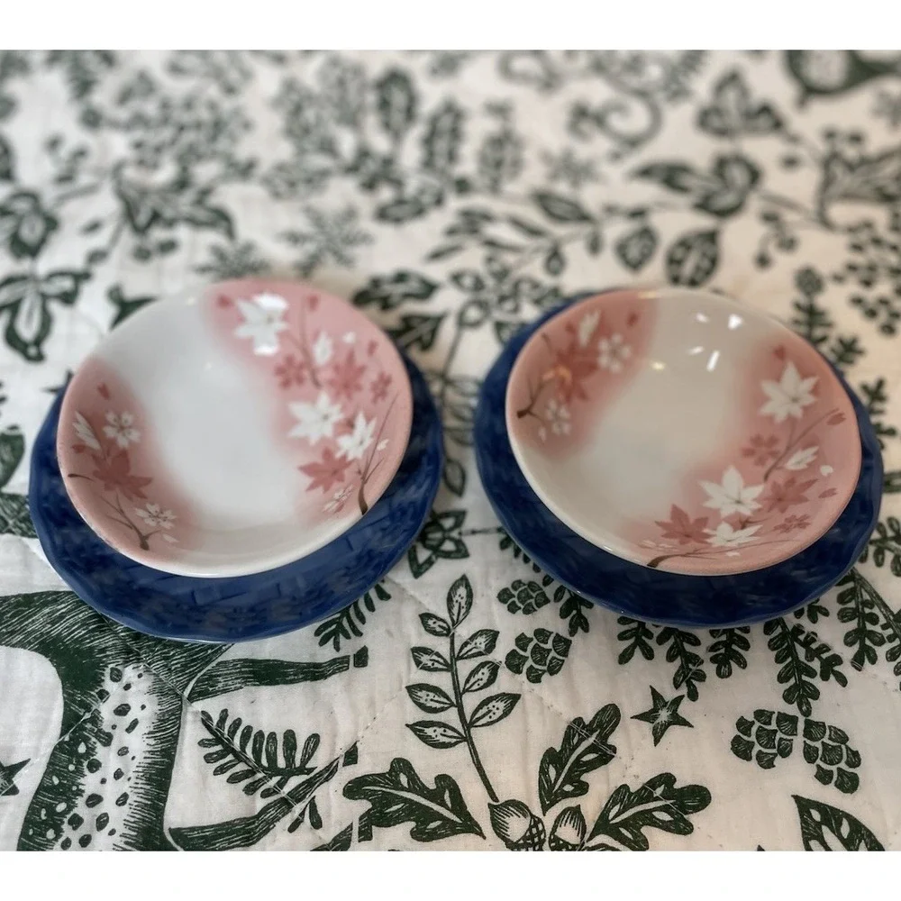 Vintage made in Japan Cherry Blossom Dish Plate Set For‎ 2 Blue & Pink Bamboo